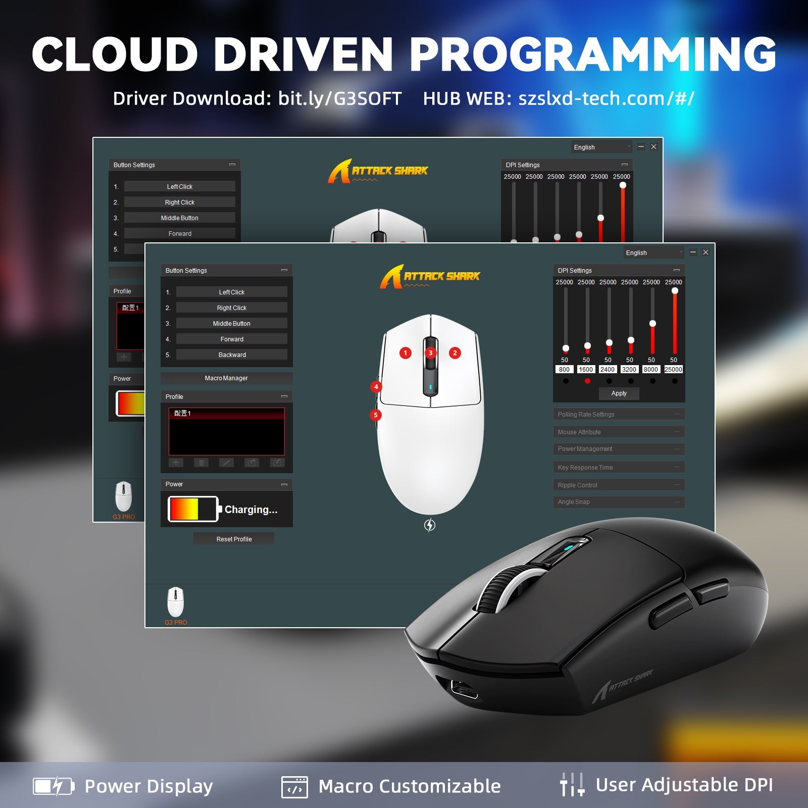 ATTACK SHARK G3 PRO Tri-mode Wireless Gaming Mouse with Charge Dock 25000 DPI Ultra Lightweight