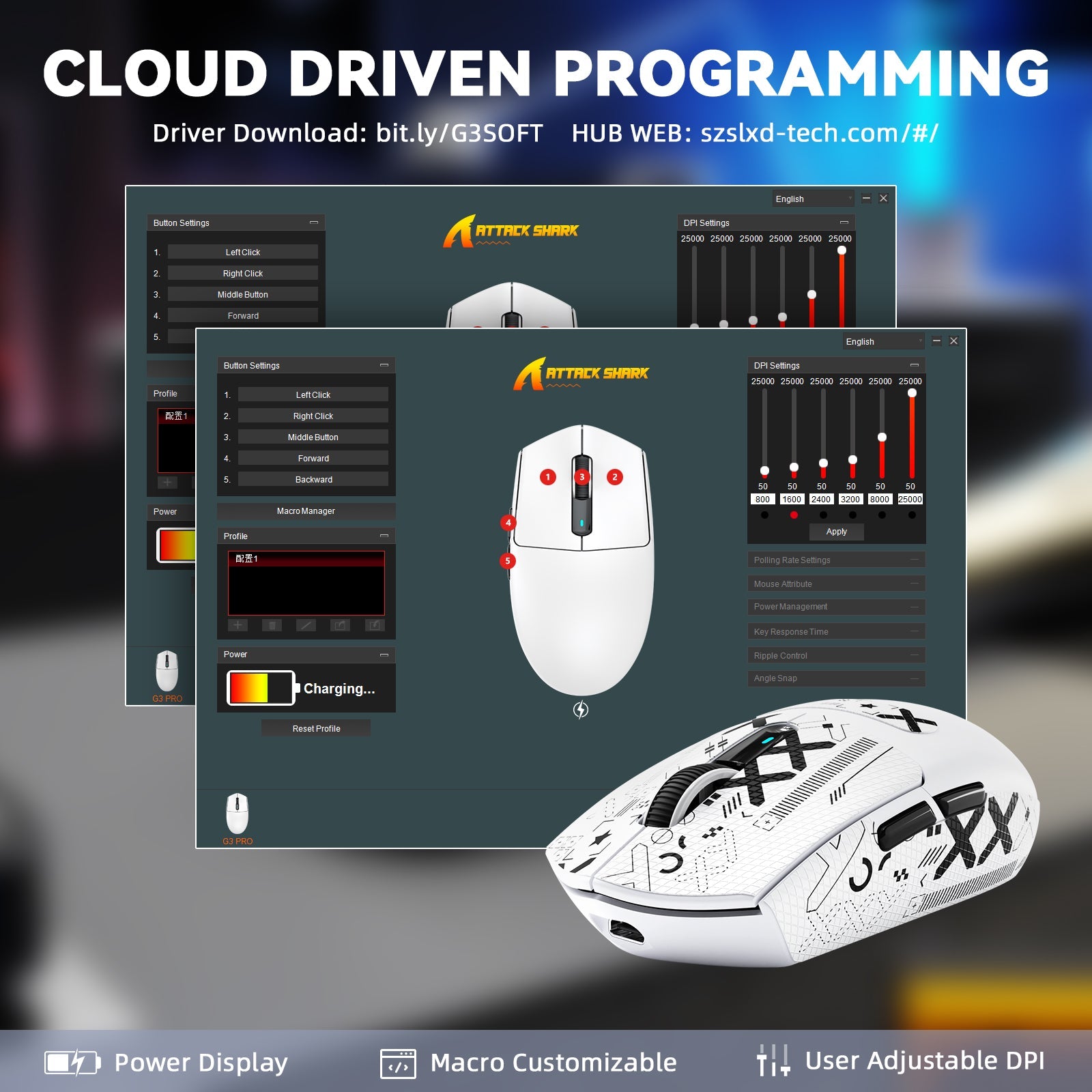 ATTACK SHARK G3 PRO Tri-mode Wireless Gaming Mouse with Charge Dock 25000 DPI Ultra Lightweight