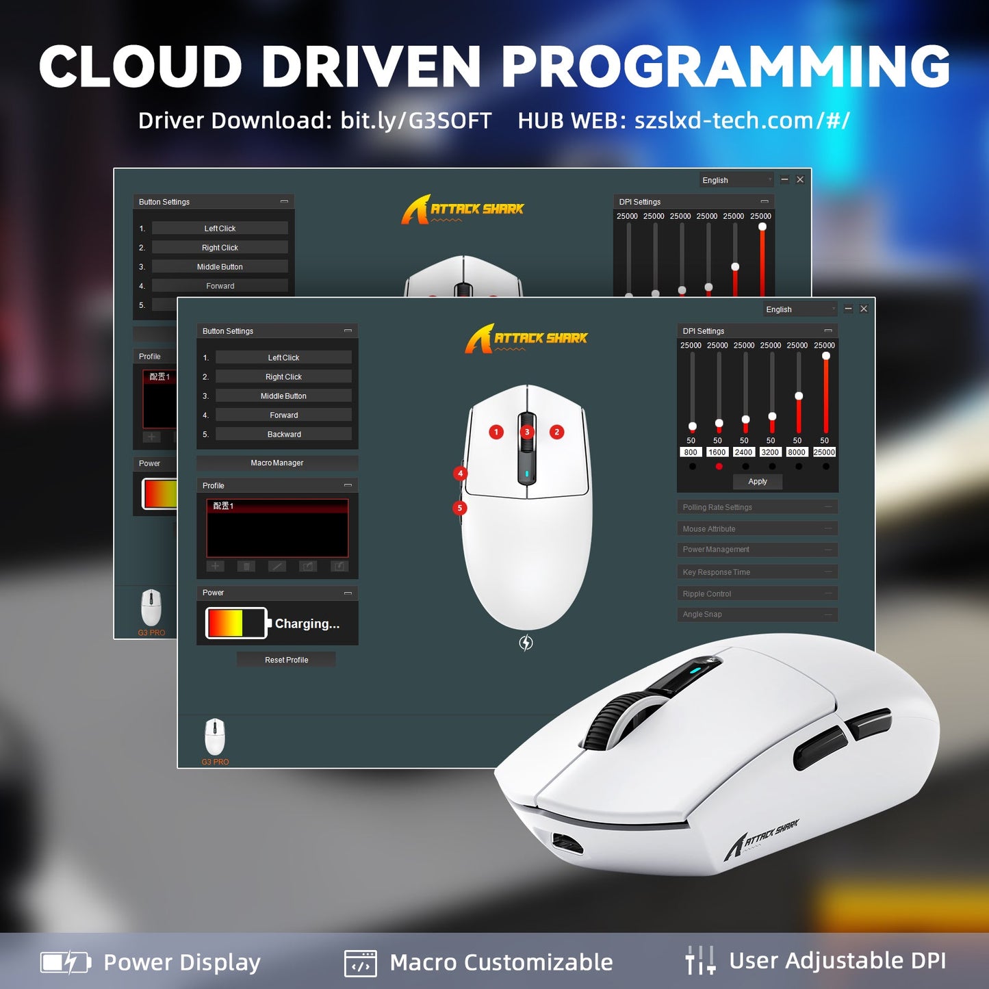 ATTACK SHARK G3 PRO Tri-mode Wireless Gaming Mouse with Charge Dock 25000 DPI Ultra Lightweight