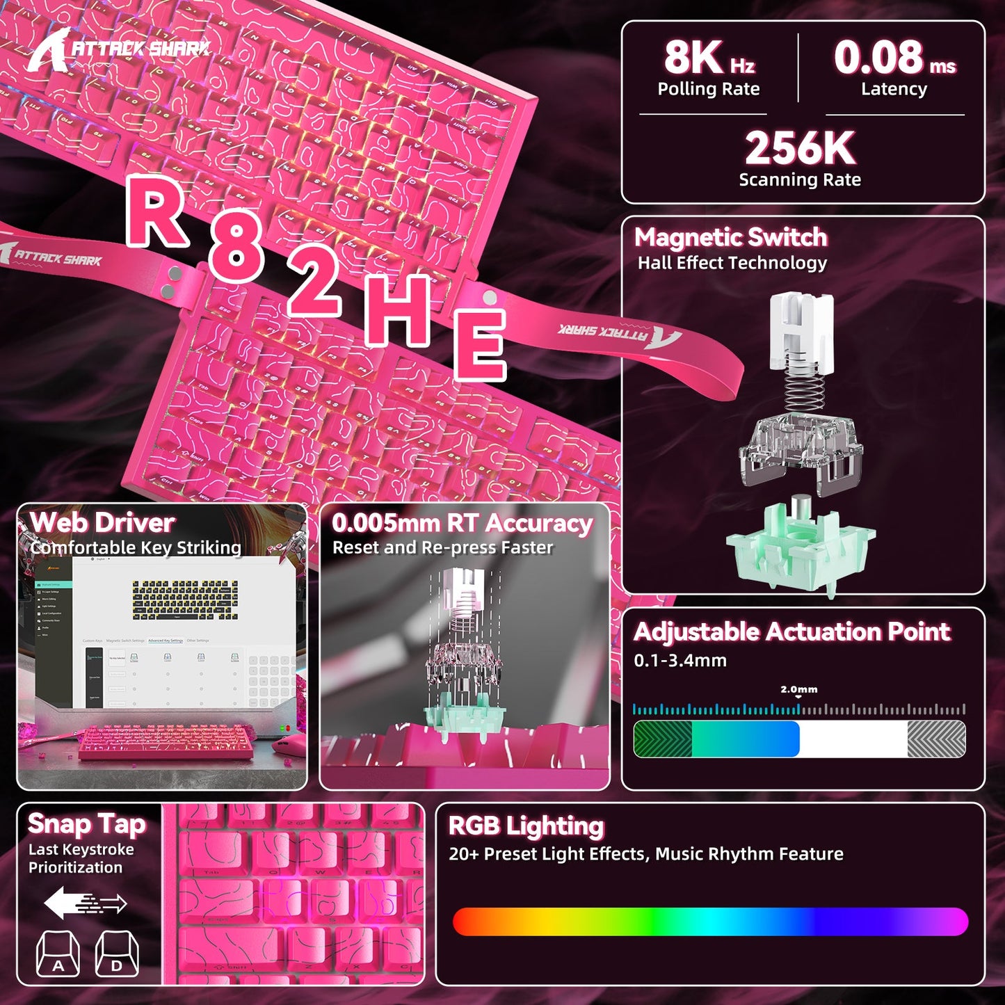 ATTACK SHARK R82 HE Rapid Trigger Keyboard Magnetic Switch with 0.005MM RT