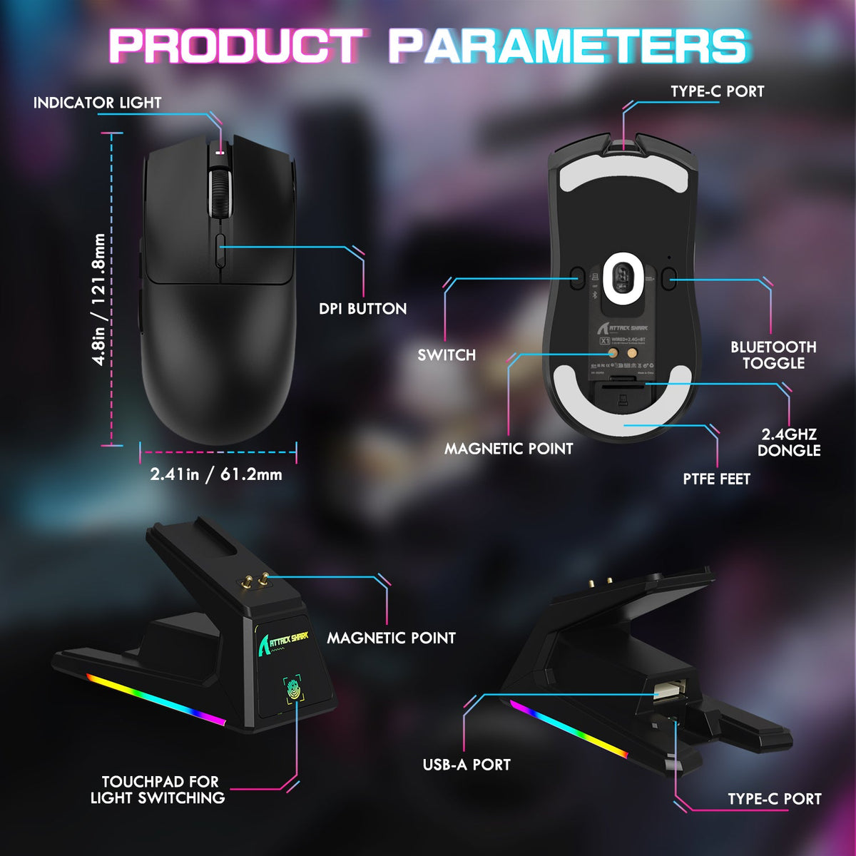 ATTACK SHARK X1 Tri-mode Gaming Mouse With Touchpad RGB Charging Dock PAW3395PRO Sensor