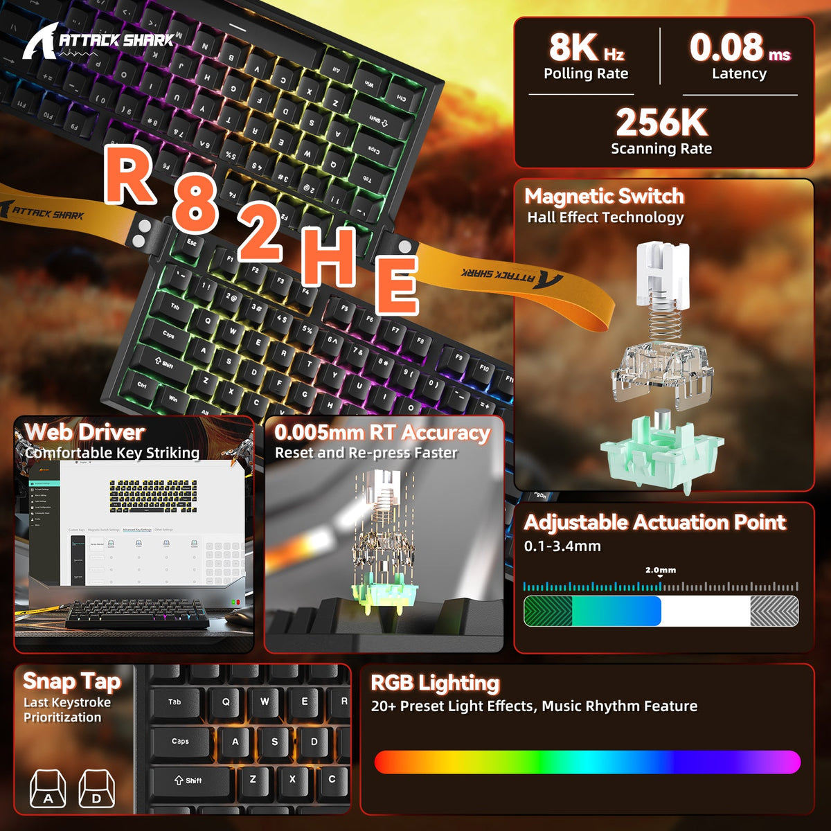 ATTACK SHARK R82 HE Rapid Trigger Keyboard Magnetic Switch with 0.005MM RT