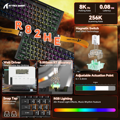 ATTACK SHARK R82 HE Rapid Trigger Keyboard Magnetic Switch with 0.005MM RT