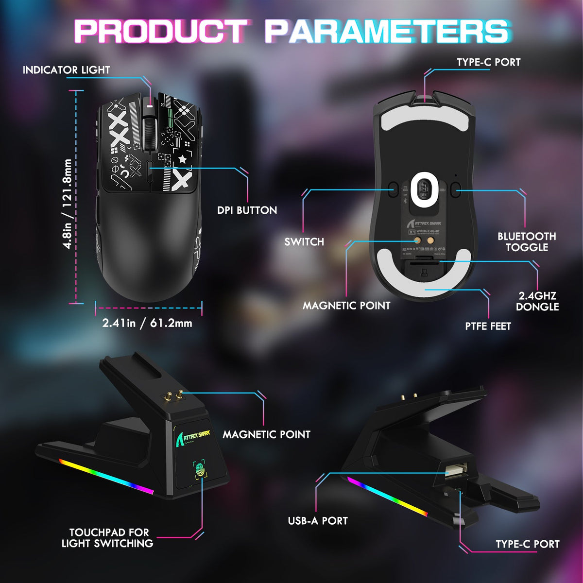 ATTACK SHARK X1 Tri-mode Gaming Mouse With Touchpad RGB Charging Dock PAW3395PRO Sensor