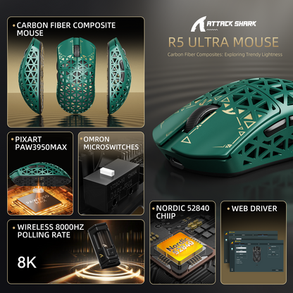 ATTACK SHARK R5 ULTRA Carbon Fiber Wireless 8K PAW3950MAX Gaming Mouse with 8K Coiled Cable