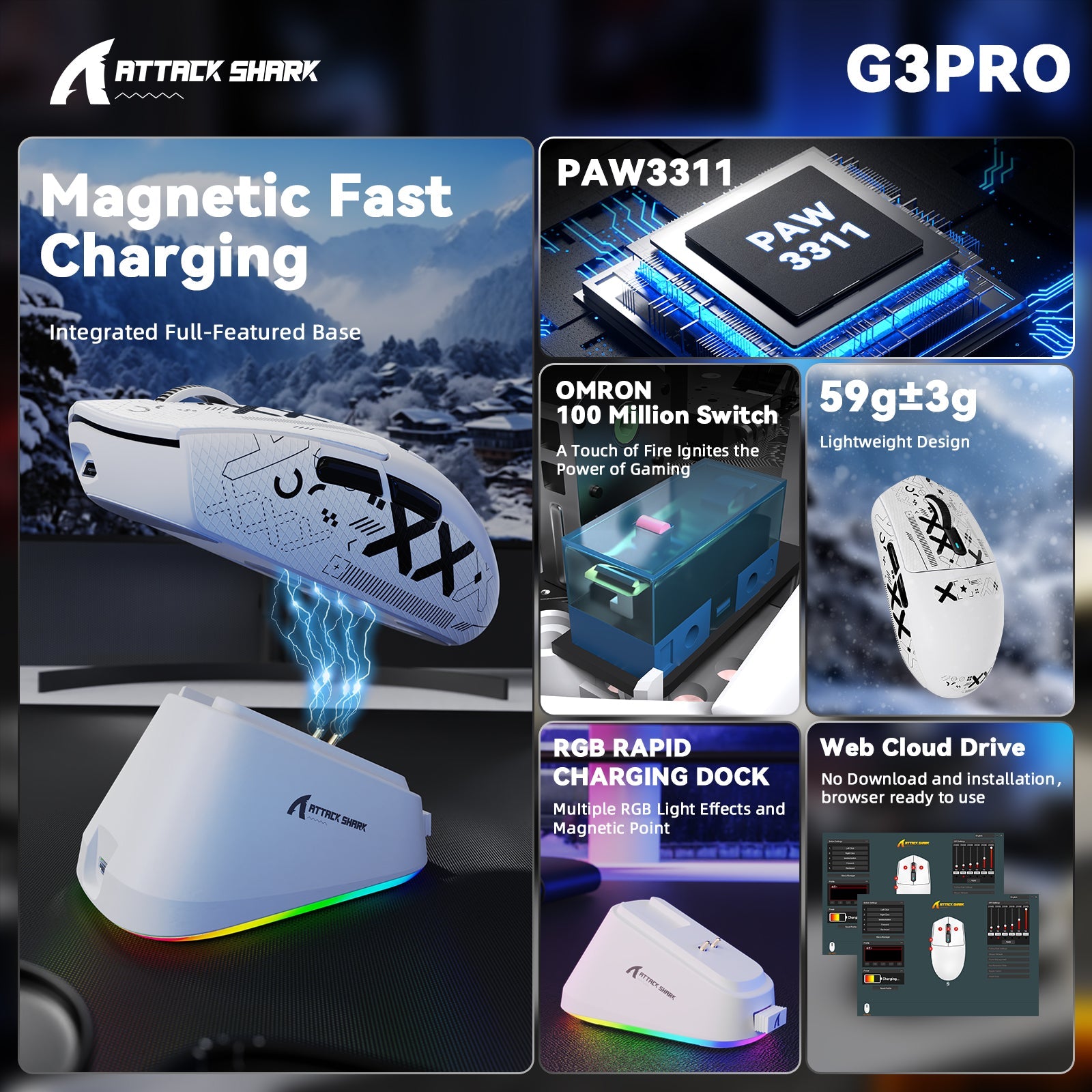 ATTACK SHARK G3 PRO Tri-mode Wireless Gaming Mouse with Charge Dock 25000 DPI Ultra Lightweight
