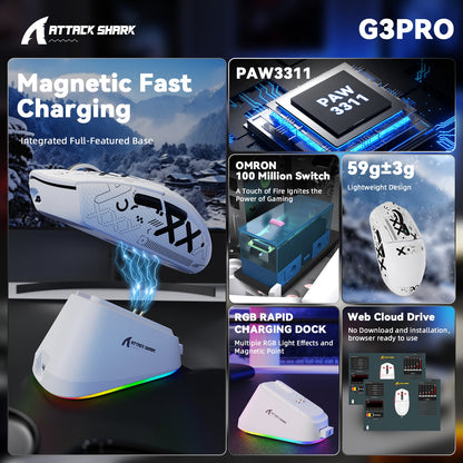 ATTACK SHARK G3 PRO Tri-mode Wireless Gaming Mouse with Charge Dock 25000 DPI Ultra Lightweight