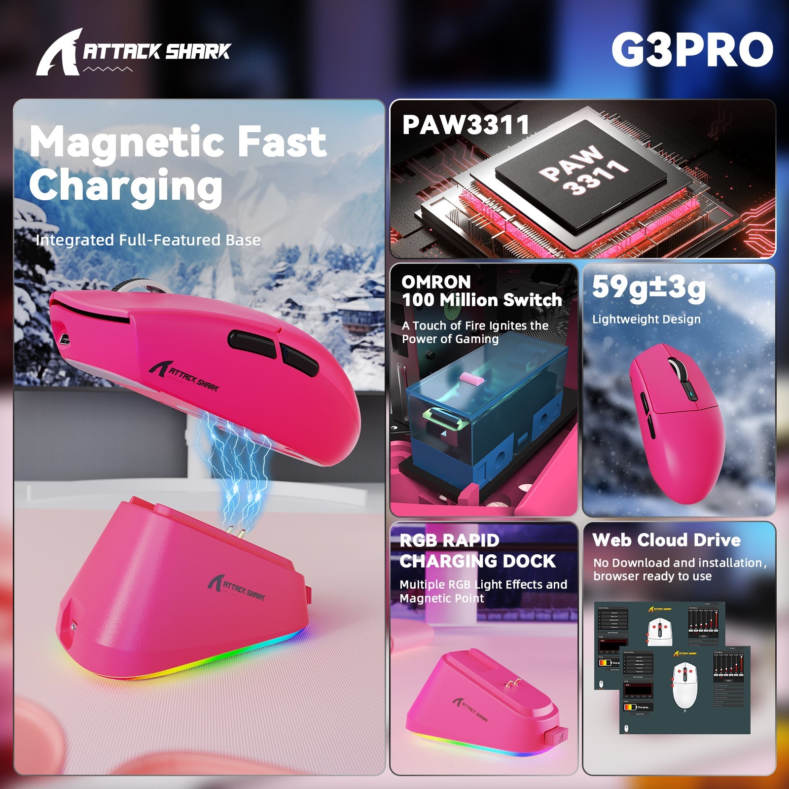ATTACK SHARK G3 PRO Tri-mode Wireless Gaming Mouse with Charge Dock 25000 DPI Ultra Lightweight