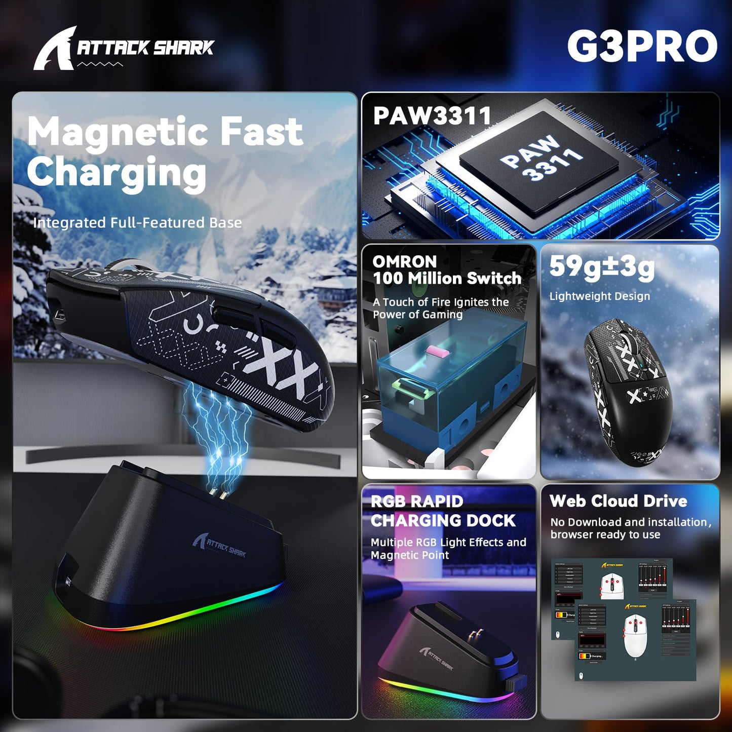 ATTACK SHARK G3 PRO Tri-mode Wireless Gaming Mouse with Charge Dock 25000 DPI Ultra Lightweight