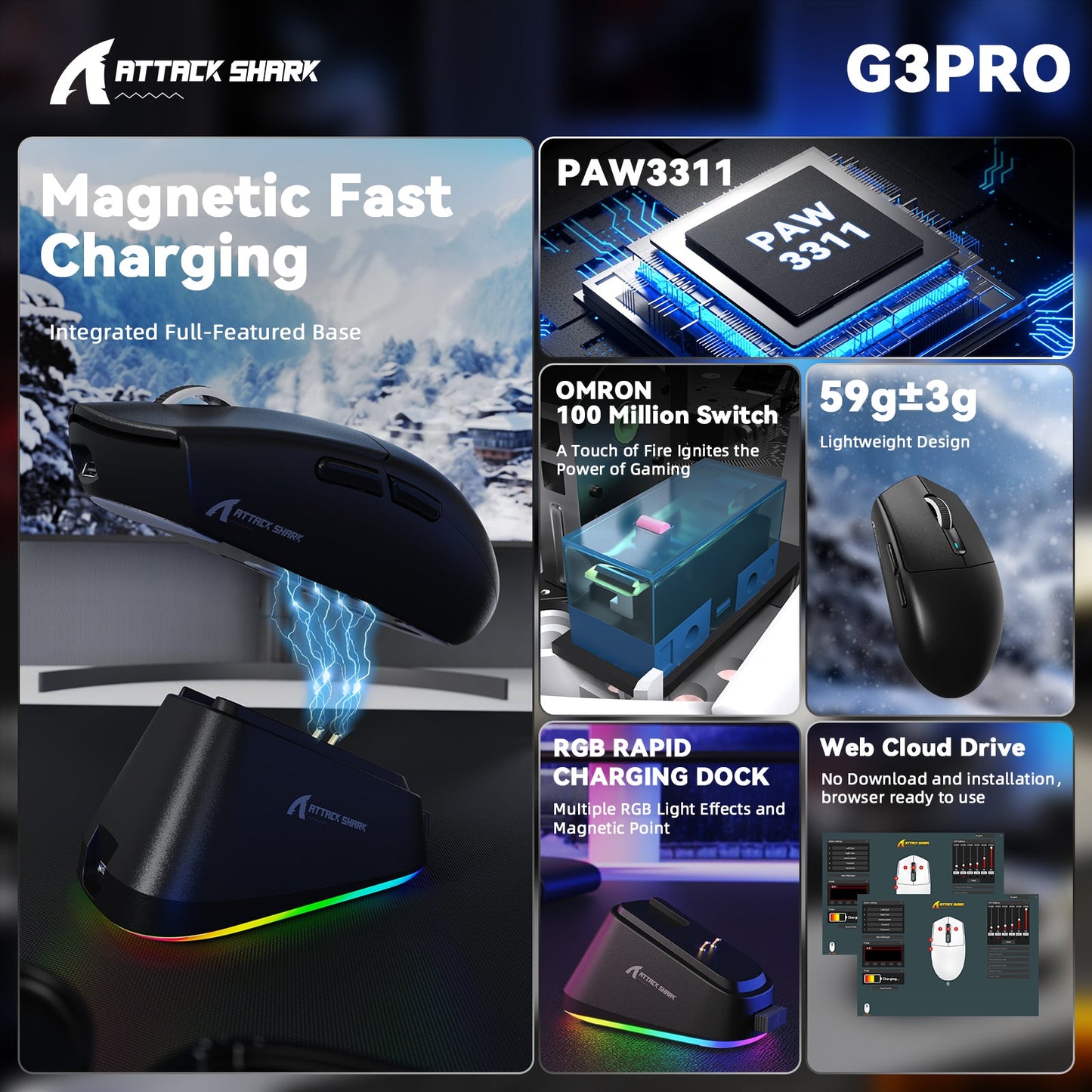 ATTACK SHARK G3 PRO Tri-mode Wireless Gaming Mouse with Charge Dock 25000 DPI Ultra Lightweight