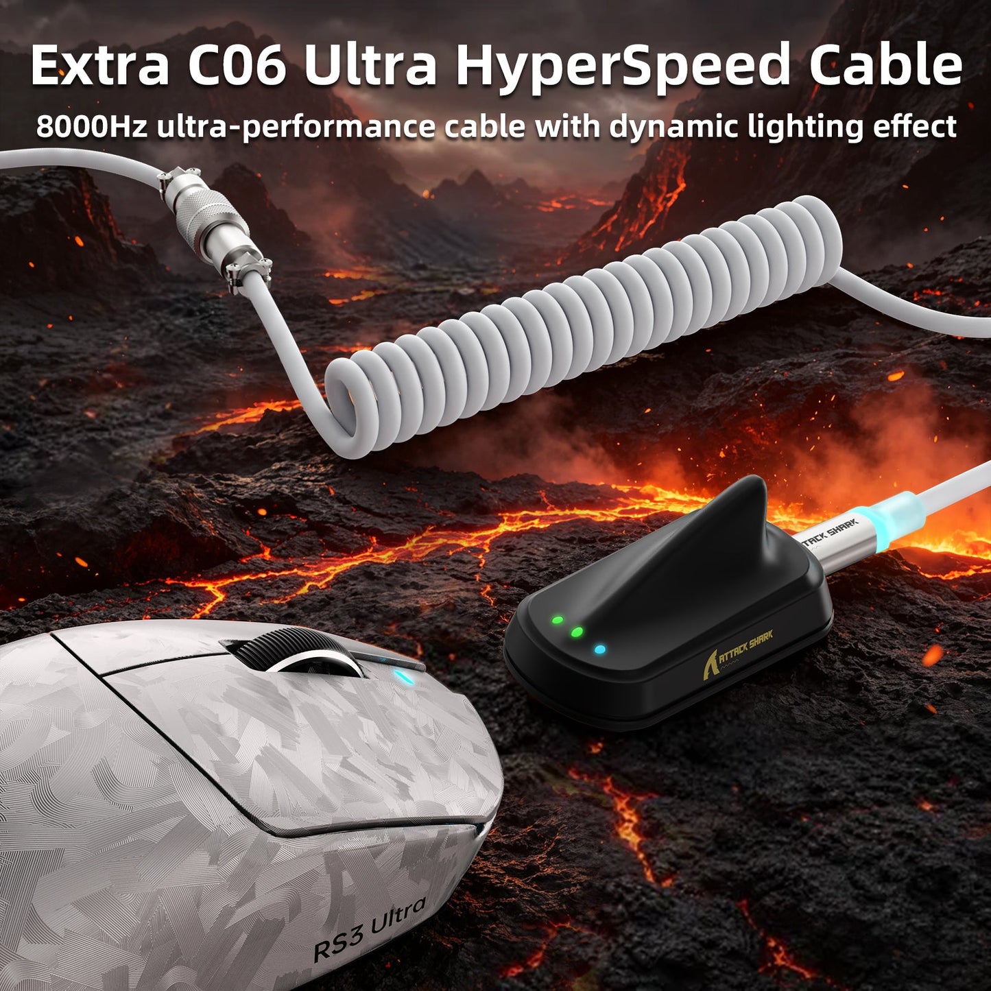 ATTACK SHARK RS3 ULTRA Carbon Fiber Wireless PAW3955MAX Gaming Mouse with C06 Ultra LED Cable