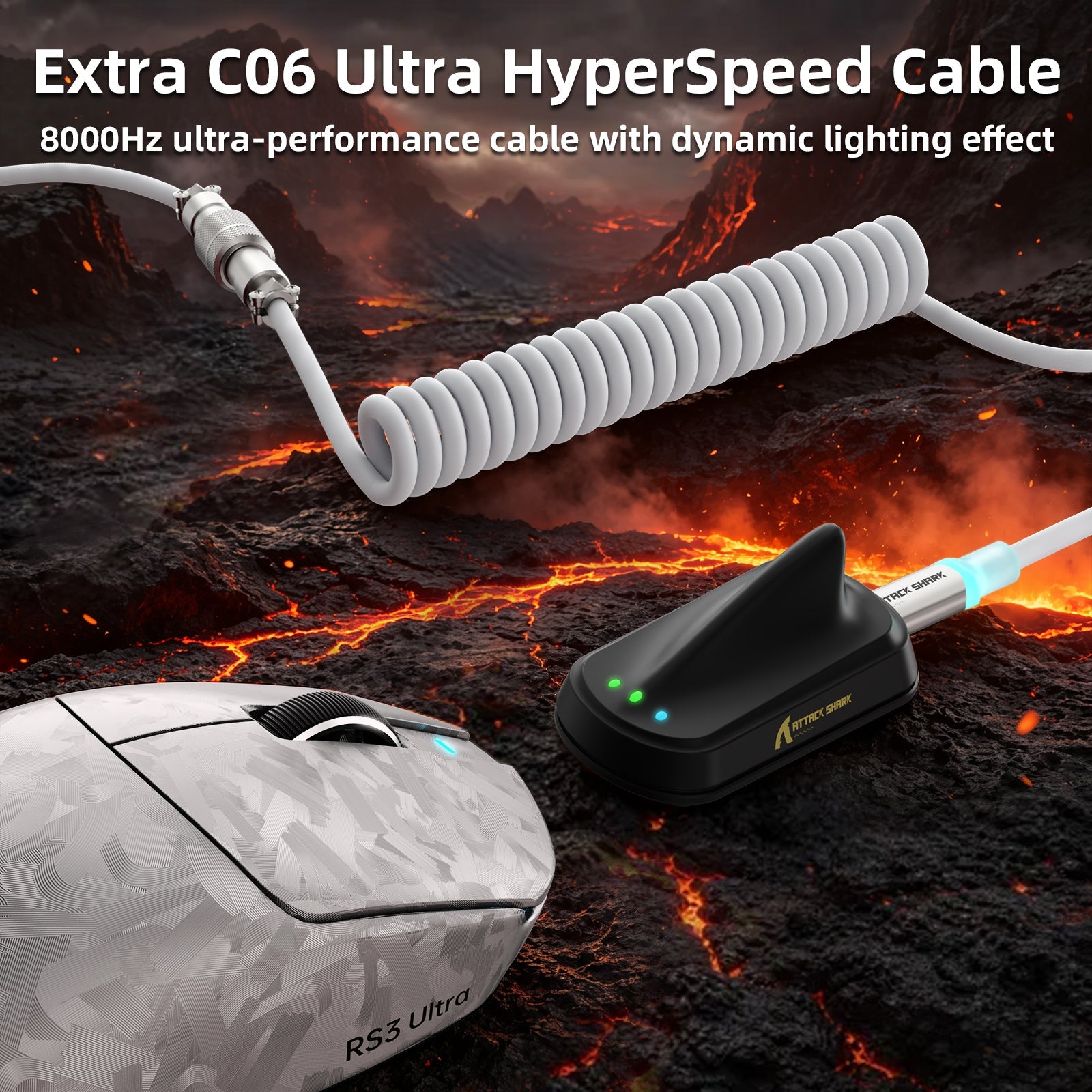 ATTACK SHARK RS3 ULTRA Carbon Fiber Wireless PAW3955MAX Gaming Mouse with C06 Ultra LED Cable