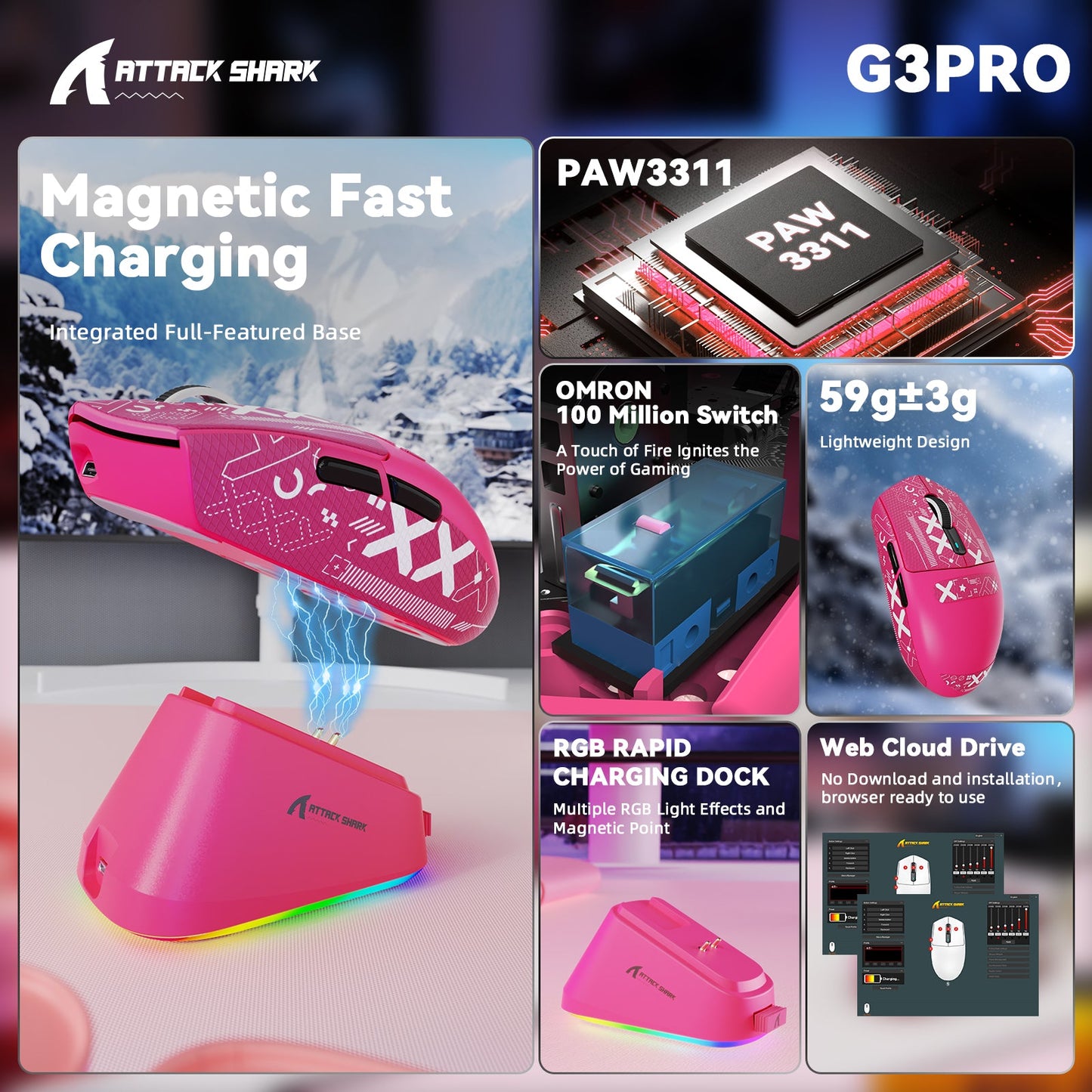 ATTACK SHARK G3 PRO Tri-mode Wireless Gaming Mouse with Charge Dock 25000 DPI Ultra Lightweight