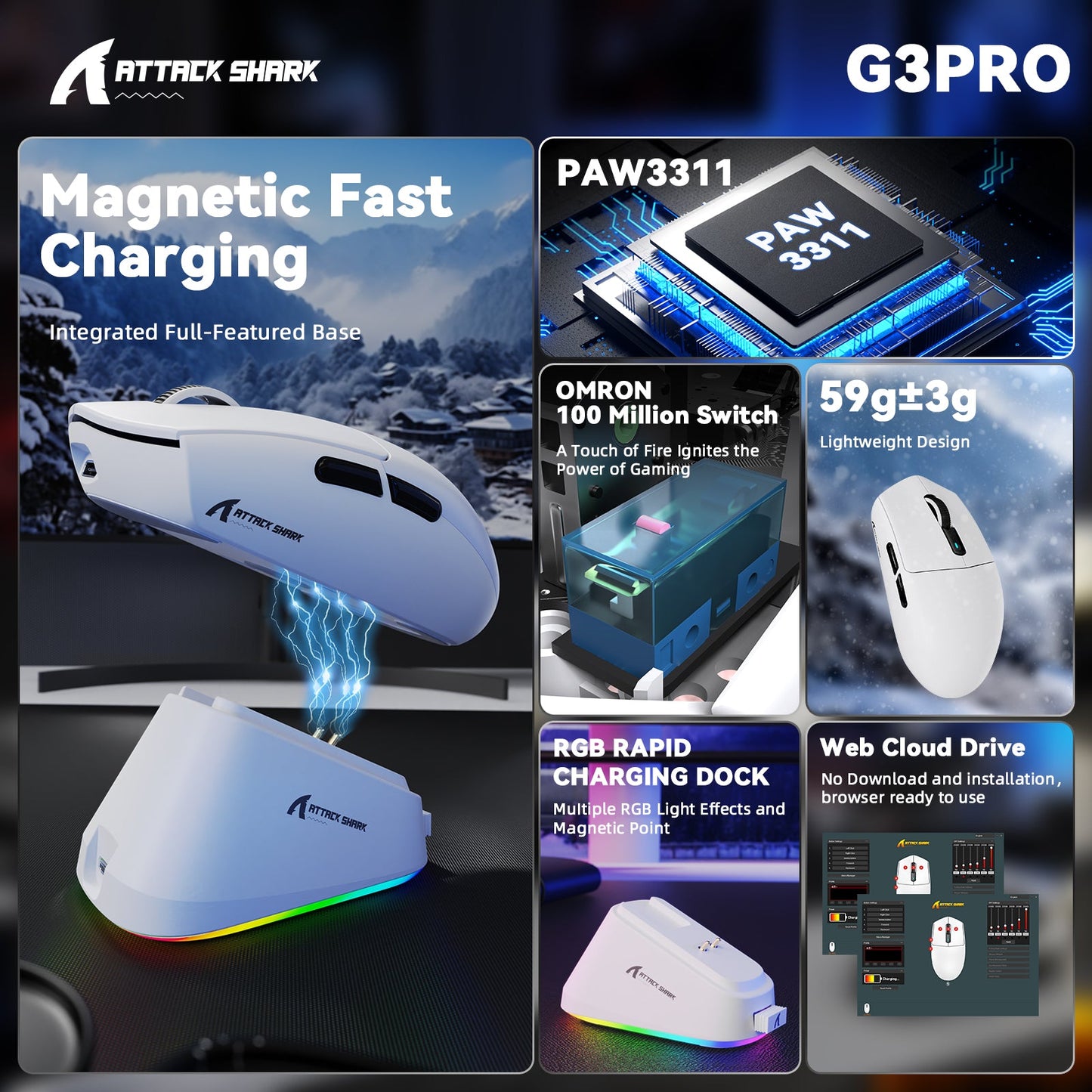 ATTACK SHARK G3 PRO Tri-mode Wireless Gaming Mouse with Charge Dock 25000 DPI Ultra Lightweight