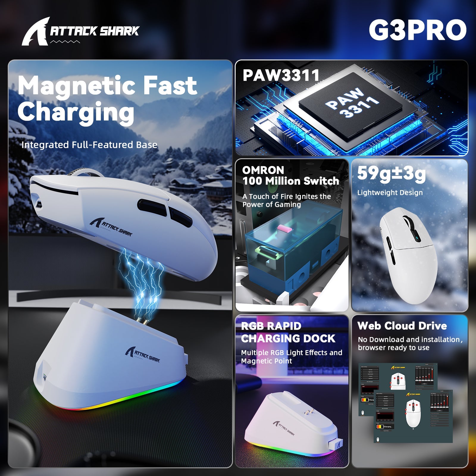 ATTACK SHARK G3 PRO Tri-mode Wireless Gaming Mouse with Charge Dock 25000 DPI Ultra Lightweight