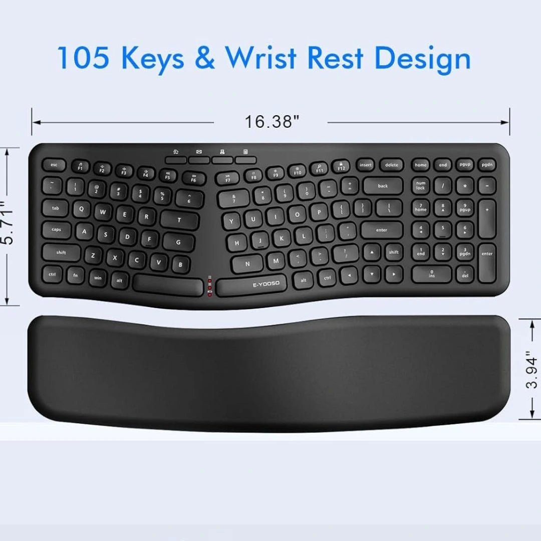 E-YOOSO E-757 Wireless Ergonomic Keyboard with Split Design, Detachable Wrist Rest & Multimedia Hotkeys