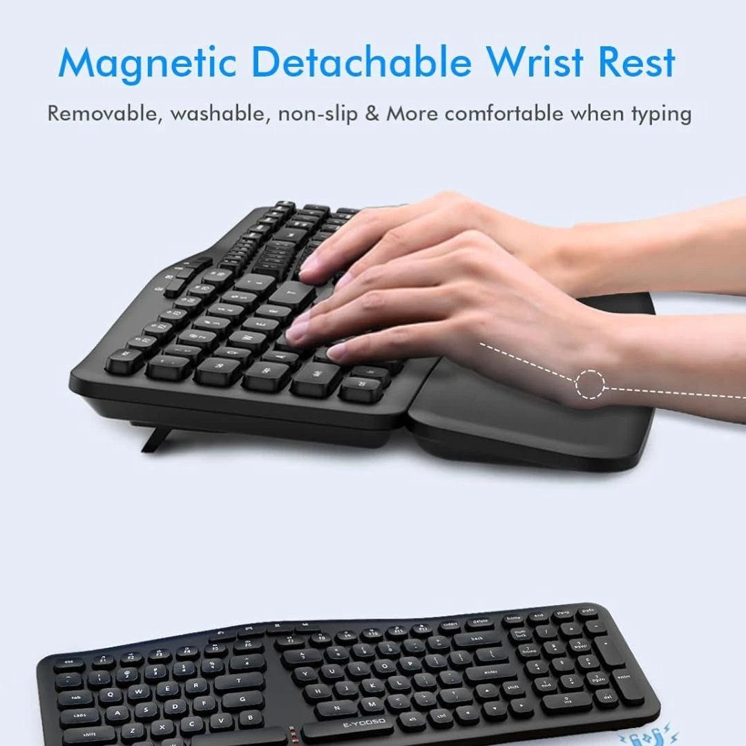 E-YOOSO E-757 Wireless Ergonomic Keyboard with Split Design, Detachable Wrist Rest & Multimedia Hotkeys