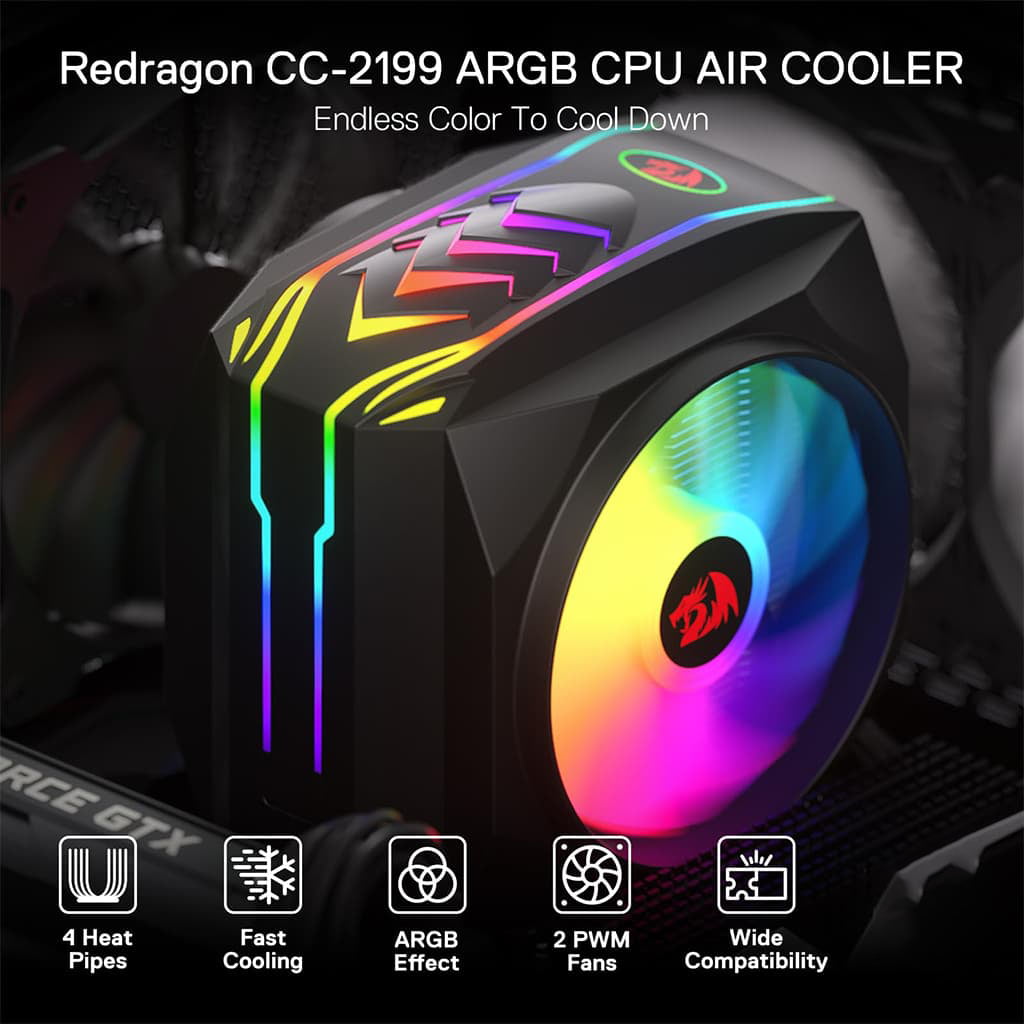 Redragon CC 2199 RGB 4 Copper Pipes Air CPU Cooler Dual PWM Low Noise Fans