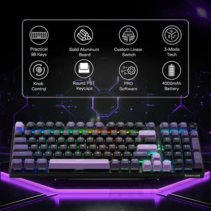 Redragon DHARMA K740 PRO Tri-Mode Mechanical Keyboard with Mambo Switches (Black & Purple)