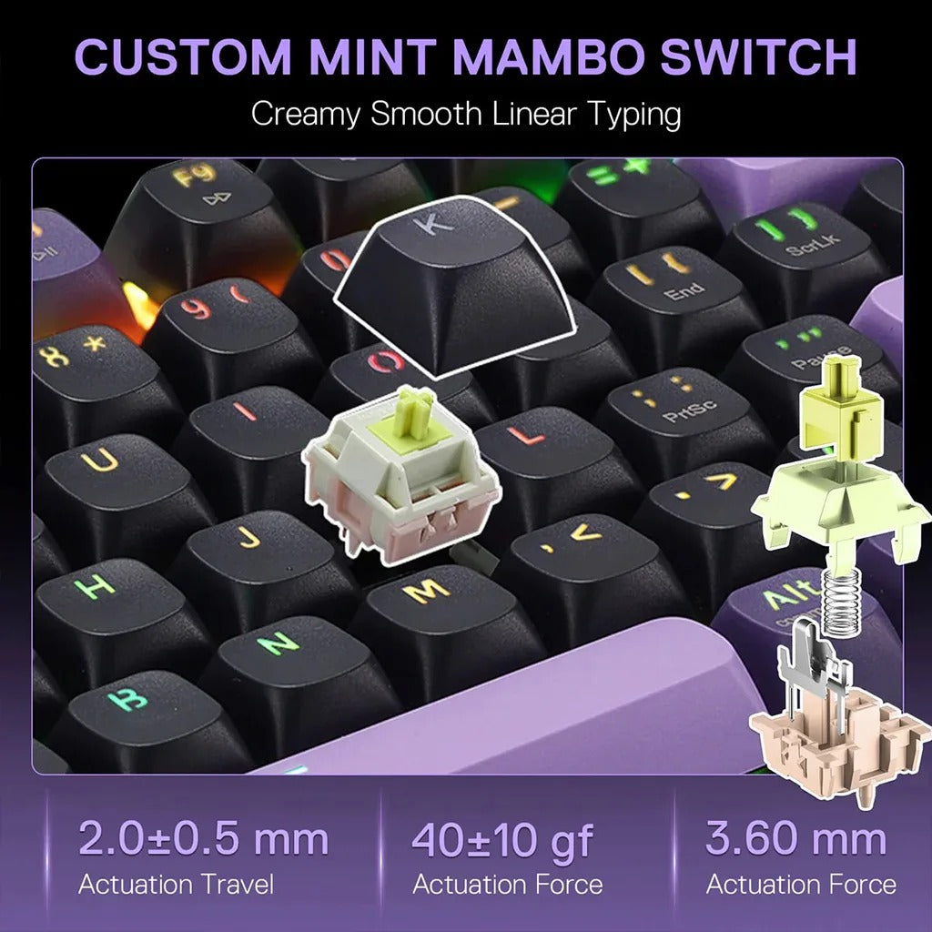 Redragon DHARMA K740 PRO Tri-Mode Mechanical Keyboard with Mambo Switches (Black & Purple)