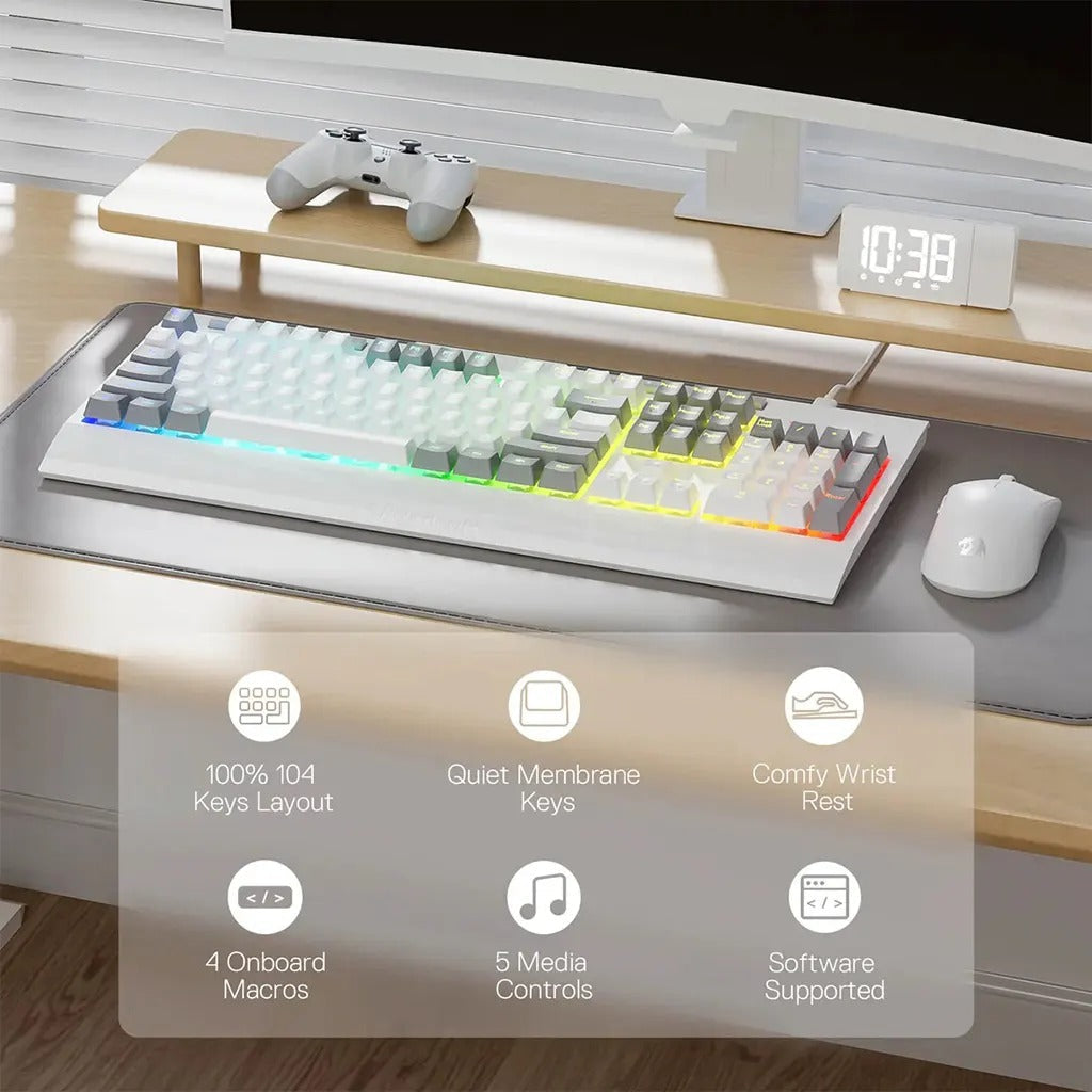 Redragon K525 SHIVA Lite Membrane Gaming Keyboard with Detachable Wrist Rest (White & Grey)