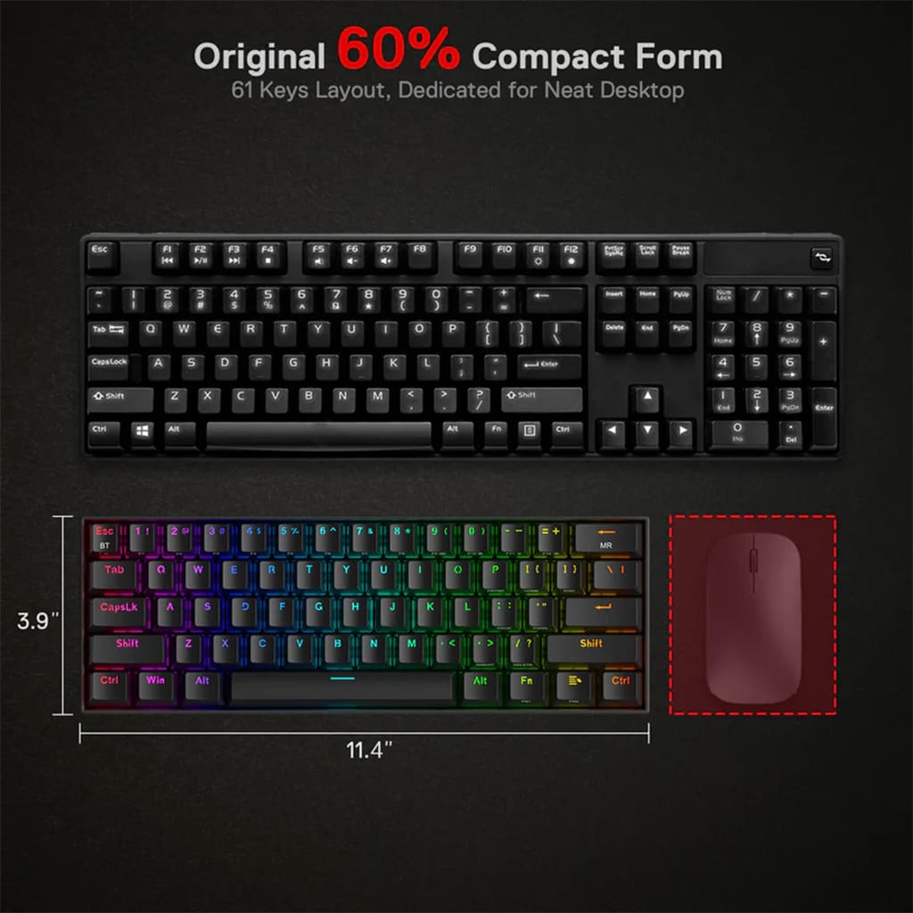 Redragon Daraconic K530-Pro-RGB-Black  60% RGB 3-modes Keyboard With Brown Switches