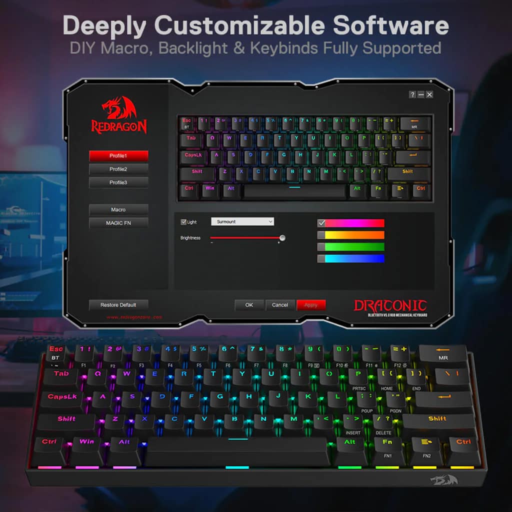 Redragon Daraconic K530-Pro-RGB-Black  60% RGB 3-modes Keyboard With Brown Switches