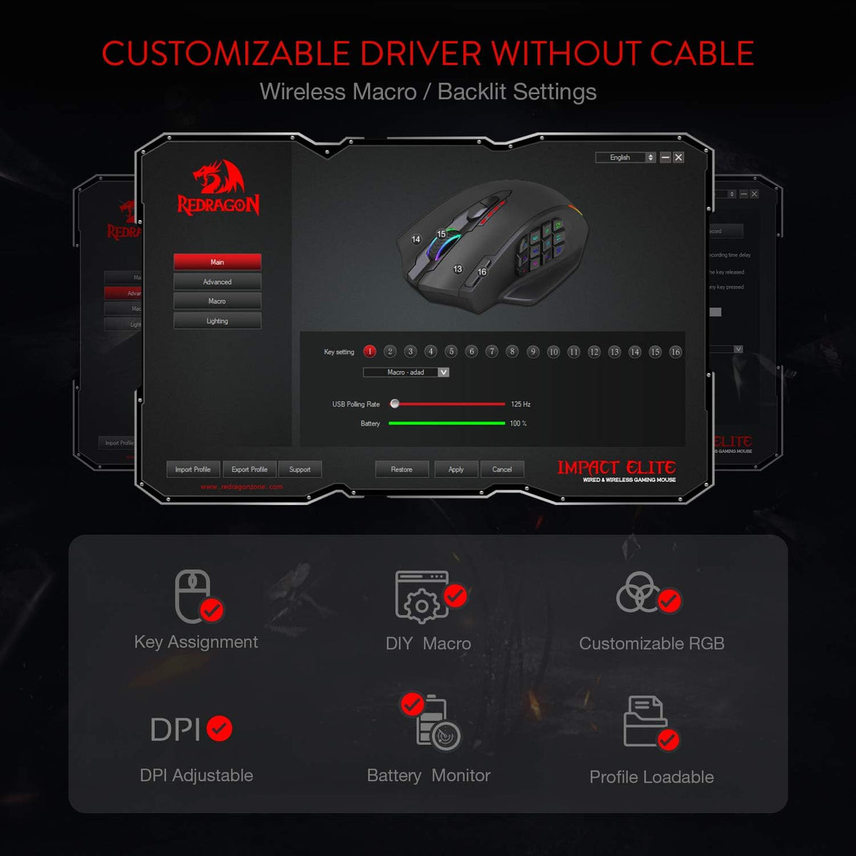 Redragon M913 IMPACT ELITE Wireless Gaming Mouse, 16000 DPI (Black)