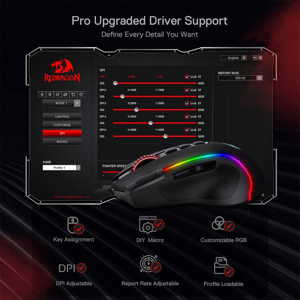 Redragon M612 Predator Black 8K DPI Rapid Fire Button Gaming Mouse