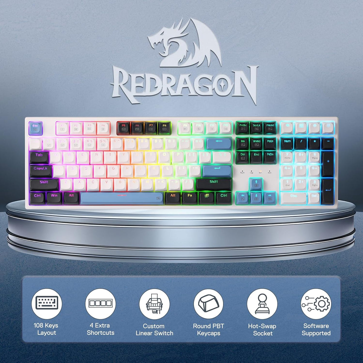 Redragon K668 TRUNDLE Gaming Keyboard With Hot Swappable Red Switches (WGB)