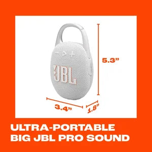 JBL Clip 5 Ultra-Portable Bluetooth Speaker, IP67 Waterproof and Dustproof, Up To 12 Hours Of Playtime, White