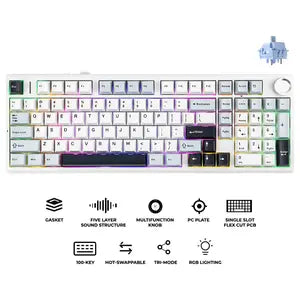 Aula F99 Pro Tri-Mode 96% 100-Key Gasket-Mounted Mechanical Keyboard with Knob, Bluetooth 5.0 and 2.4GHz Wireless and USB Type-C Wired, 8000mAh Battery, South-Facing RGB Backlight, Star Vector Switch, Blue/White/Black