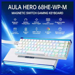 AULA HERO68 HE 60-Key Wired Hall Effect Gaming Keyboard, RGB Backlighting, 8K Polling Rate and 0.125ms Latency, Rapid Trigger and Adjustable Actuation, USB-C, White Pluto