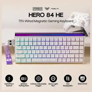 AULA HERO84 HE 84-Key Wired Hall Effect Magnetic Gaming Keyboard, 8K Polling Rate, 0.125ms Ultra-Low Latency, RGB Neon Lightbox, Custom Actuation, Black King Magnetic Switch, White Contour