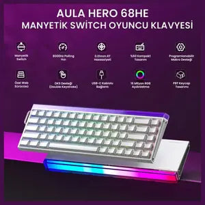 AULA HERO68 HE 60-Key Wired Hall Effect Gaming Keyboard, 16.8M RGB Backlighting, 8000Hz Polling Rate and 0.125ms Latency, Rapid Trigger and Adjustable Actuation, USB Type-C, White