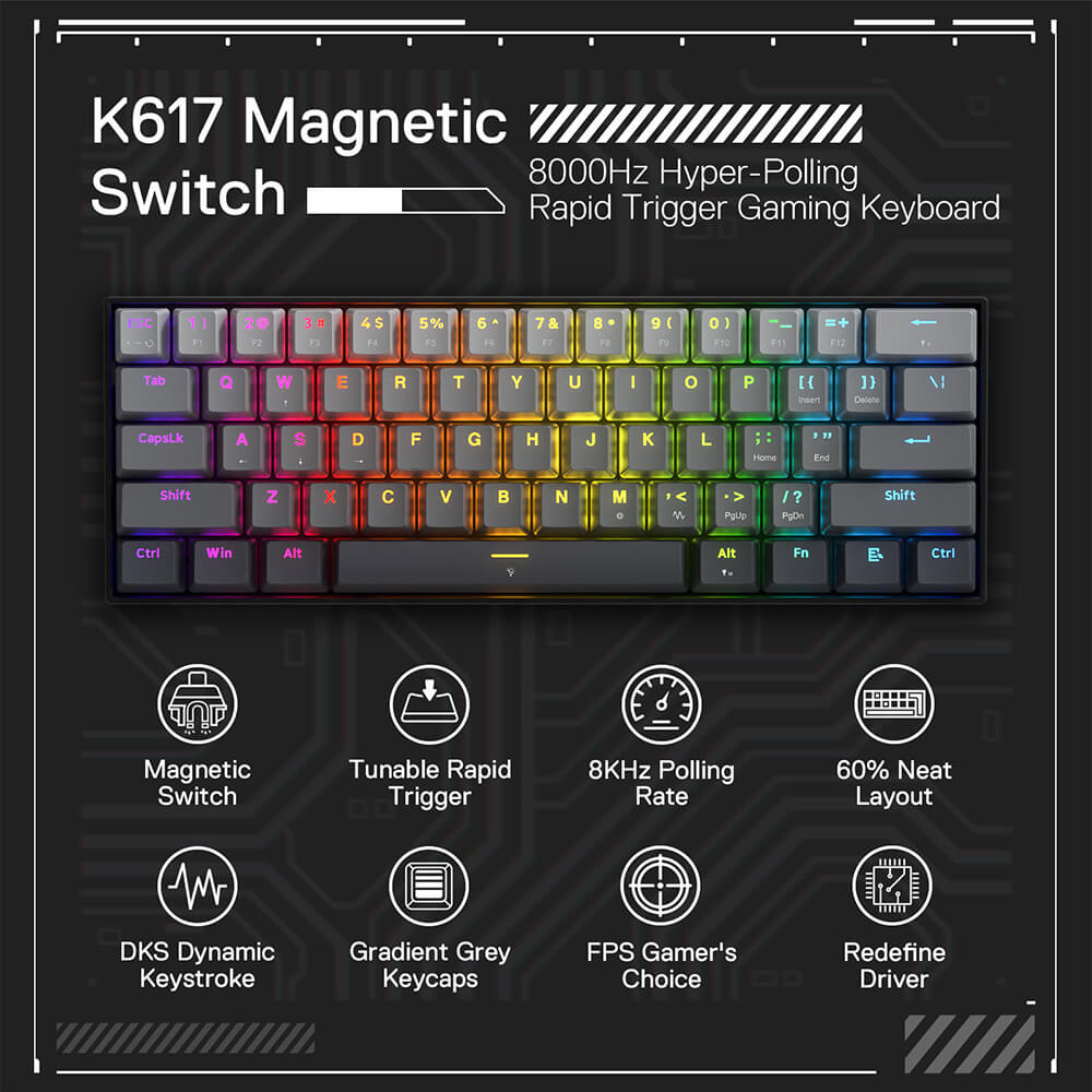Redragon K617 FIZZ 60% Rapid Trigger Wired Magnetic Switch Gaming Keyboard